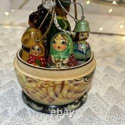 Russian Wood Fairytale Nesting Doll with 8 Christmas Tree Ornaments- Signed