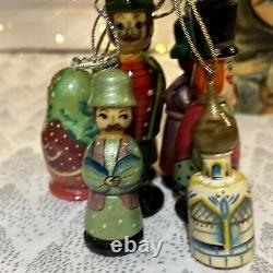 Russian Wood Fairytale Nesting Doll with 8 Christmas Tree Ornaments- Signed