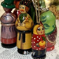 Russian Wood Fairytale Nesting Doll with 8 Christmas Tree Ornaments- Signed