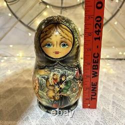 Russian Wood Fairytale Nesting Doll with 8 Christmas Tree Ornaments- Signed