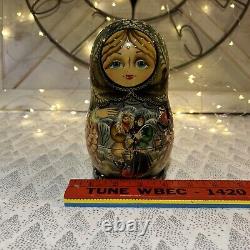 Russian Wood Fairytale Nesting Doll with 8 Christmas Tree Ornaments- Signed