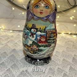 Russian Wood Winter Nesting Doll with 5 Christmas Tree Ornaments