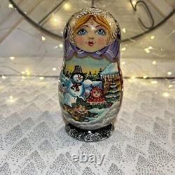 Russian Wood Winter Nesting Doll with 5 Christmas Tree Ornaments