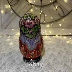 Russian Wood Winter Nesting Doll with 5 Christmas Tree Ornaments