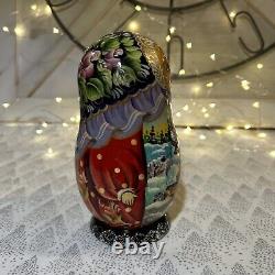 Russian Wood Winter Nesting Doll with 5 Christmas Tree Ornaments