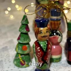 Russian Wood Winter Nesting Doll with 5 Christmas Tree Ornaments