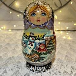 Russian Wood Winter Nesting Doll with 5 Christmas Tree Ornaments