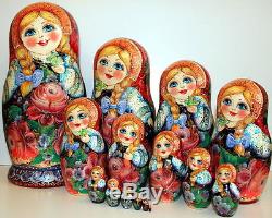 Russian doll big size 15 pc 33cm art nesting doll complex flowers matryoshka