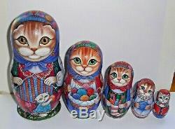 Russian matryoshka doll nesting babushka Cats knitting handmade exclusive