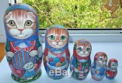 Russian matryoshka doll nesting babushka Cats knitting handmade exclusive