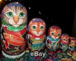 Russian matryoshka doll nesting babushka beauty Cats fish handmade exclusive