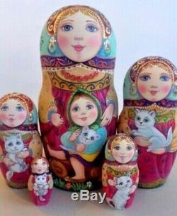 Russian matryoshka doll nesting babushka beauty cats handmade exclusive