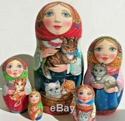 Russian matryoshka doll nesting babushka beauty girl cats handmade exclusive