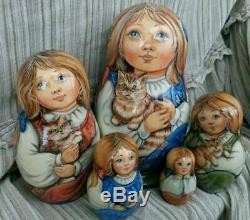 Russian matryoshka doll nesting babushka beauty girl cats handmade exclusive