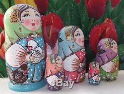 Russian matryoshka doll nesting babushka beauty girl chickens handmade exclusive