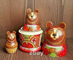 Russian matryoshka, handmade bear babushka nesting doll (3 pcs.)