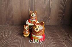 Russian matryoshka, handmade bear babushka nesting doll (3 pcs.)