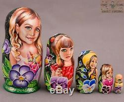 Russian matryoshka nesting dolls Author signed 6 in 5pcs OOAK wooden babushka