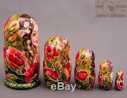 Russian matryoshka nesting dolls Author signed 6 in 5pcs OOAK wooden babushka