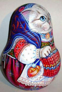 Russian matryoshka tumbler babushka doll beauty Cat knitting handmade exclusive