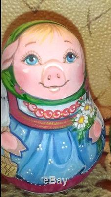 Russian matryoshka tumbler doll babushka beauty hristmas pigs SET handmade