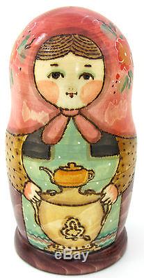 Russian nesting dolls 5 HAND PAINTED Samovar & tea drinking Babushka RYABOVA ART