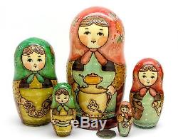 Russian nesting dolls 5 HAND PAINTED Samovar & tea drinking Matryoshka RYABOVA