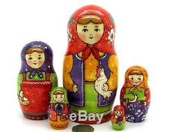 Russian nesting dolls 5 HAND PAINTED TRADITIONAL BABUSHKA & Chicken RYABOVA GIFT