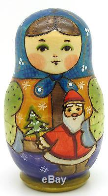 Russian nesting dolls 5 HAND PAINTED Winter Babushka Santa Snow Maiden RYABOVA