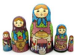 Russian nesting dolls 5 MATT HAND PAINTED TRADITIONAL Babushka & Karavay RYABOVA