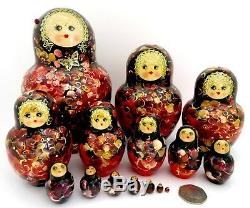 Russian nesting dolls BLACK RED HAND PAINTED BIG MATRIOSHKA 15 signed SMIRNOV