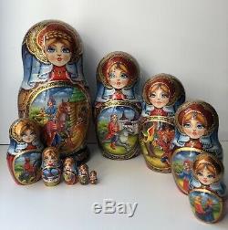 Russian nesting dolls, Matryoshka, 10-pieces set, Firebird fairytale, handmade