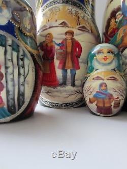 Russian nesting dolls, Matryoshka, 10-pieces set, Russian Winter, handmade