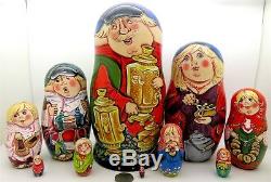 Russian nesting dolls Matryoshka LARGE 10 hand painted Poppy Wheat SERGEYEVA 5