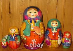 Russian nesting dolls Matryoshka Ryabova Pig Chicken Goose 5 HAND PAINTED signed