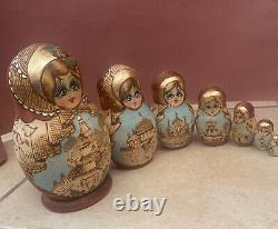 Russian nesting dolls matryoshka Churches Hand painted- Wood Burning 7 Dolls
