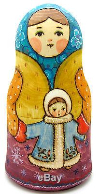 Russian stacking dolls 5 HAND PAINTED MATT WINTER Martryoshka Christmas Snowman