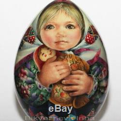 Russian tradition wooden EGG matryoshka baby girl nesting doll artist Bikyasheva