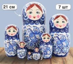 Russian wooden Matryoshka 7 pieces blue white USSR 8 inch
