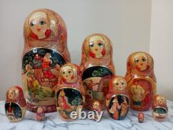 STUNNING! Lge Russian Matryoshka Fairy Tale Nesting Dolls, 10 piece 10.5 signed
