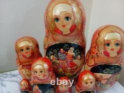 STUNNING! Lge Russian Matryoshka Fairy Tale Nesting Dolls, 10 piece 10.5 signed