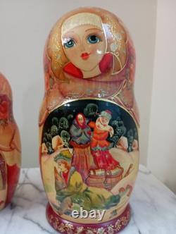 STUNNING! Lge Russian Matryoshka Fairy Tale Nesting Dolls, 10 piece 10.5 signed