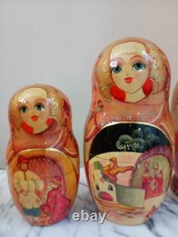 STUNNING! Lge Russian Matryoshka Fairy Tale Nesting Dolls, 10 piece 10.5 signed
