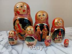 STUNNING! Lge Russian Matryoshka Fairy Tale Nesting Dolls, 10 piece 10.5 signed