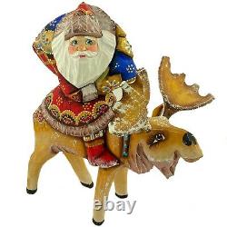 Santa Claus Riding Elk Figurine Christmas Decoration Russian Wooden Father Frost