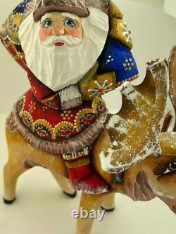 Santa Claus Riding Elk Figurine Christmas Decoration Russian Wooden Father Frost