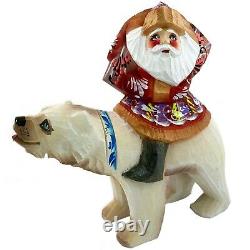 Santa Claus Riding White BearFigurine Christmas Decoration Russian Wooden Gift