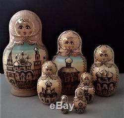 Sergiev Posad signed 7 piece Matroyoshka Russian nesting dolls orthadox church