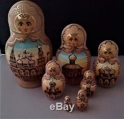 Sergiev Posad signed 7 piece Matroyoshka Russian nesting dolls orthadox church