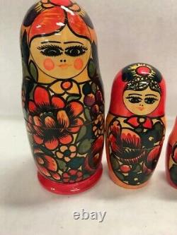 Set 7 Matryoshka Russian Nesting Dolls Hand Painted red flowered Vintage